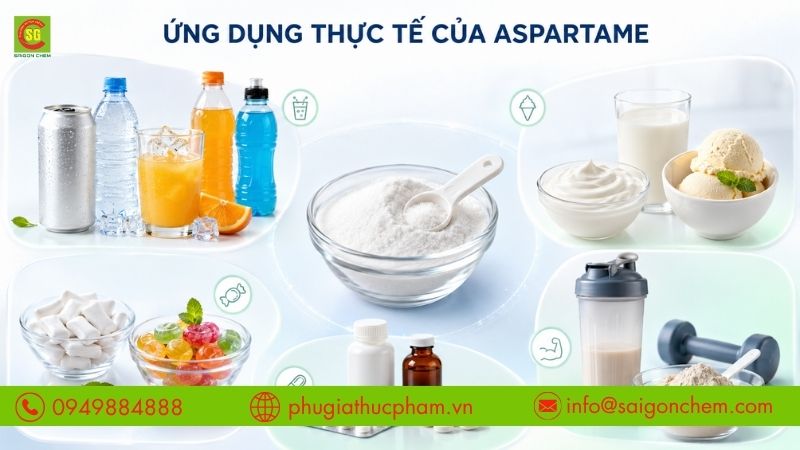 Aspartame được ứng dụng rộng rãi trong đồ uống, thực phẩm và dược phẩm.