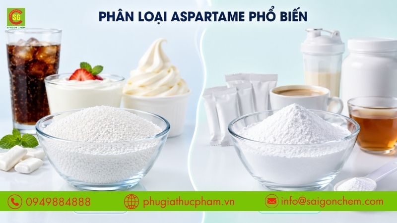 Aspartame phổ biến ở dạng hạt và bột mịn, phù hợp nhiều ứng dụng.