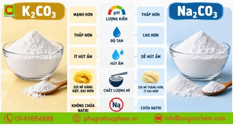 5 điểm khác biệt giữa K2CO3 và Na2CO3 về lượng kiềm, độ tan, hút ẩm, chất lượng mì và natri