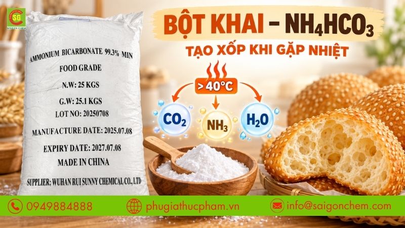 Bột khai Ammonium Bicarbonate dạng bột tinh thể màu trắng.