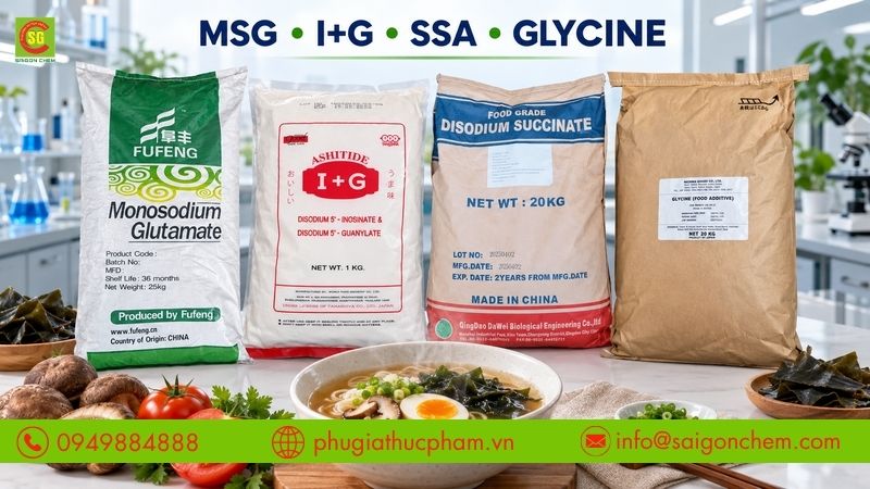 Các chất tạo vị umami phổ biến gồm MSG, I+G, SSA và Glycine.