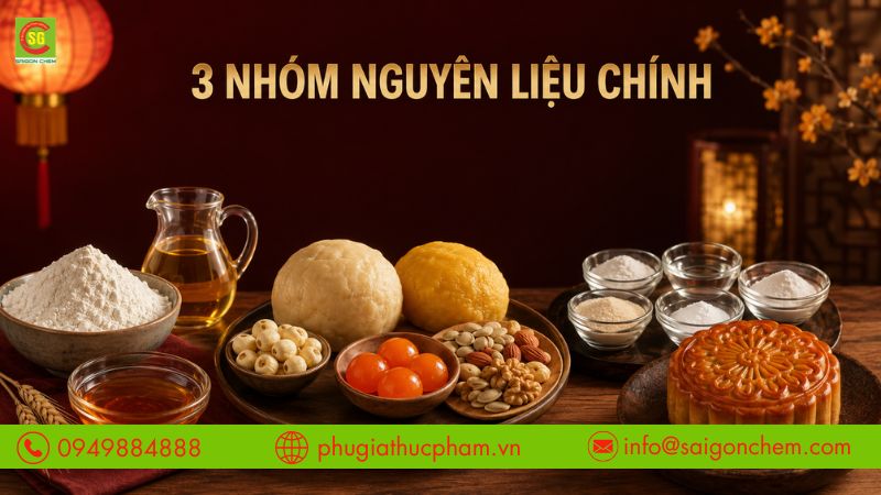 Các nhóm nguyên liệu chính tạo nên bánh trung thu hoàn chỉnh, từ vỏ bánh, nhân bánh đến phụ gia hỗ trợ.