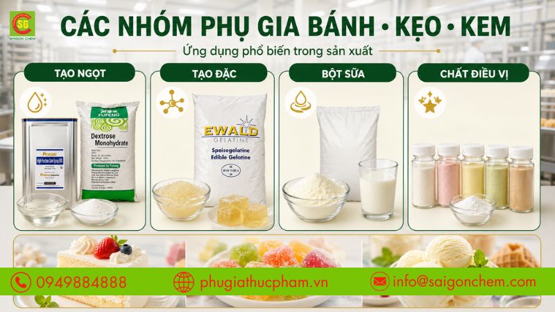 Các nhóm phụ gia tạo ngọt, tạo đặc, bột sữa và chất điều vị được sử dụng phổ biến trong sản xuất bánh kẹo, kem.