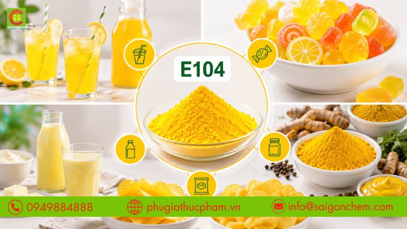 E104 được ứng dụng trong đồ uống, bánh kẹo, sữa, gia vị và đồ ăn nhẹ.