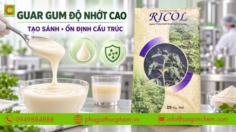Guar Gum độ nhớt cao giúp tạo sánh và ổn định cấu trúc thực phẩm.