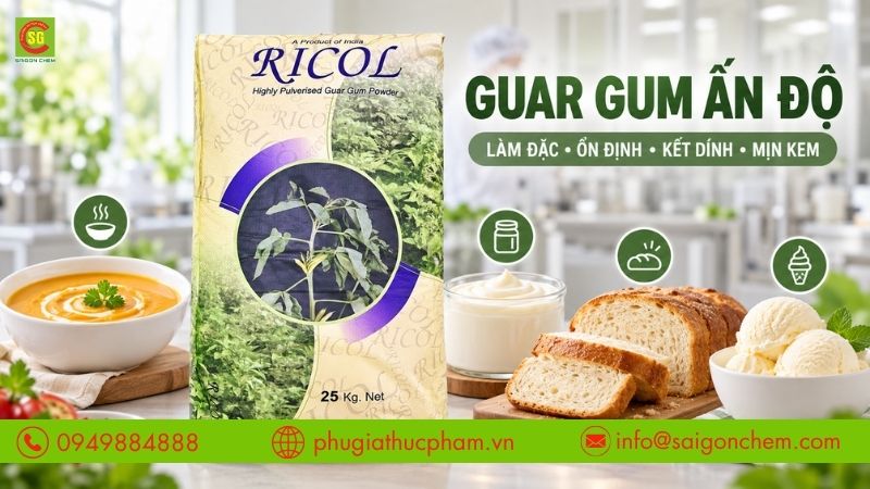 Guar Gum được ứng dụng đa dạng trong sữa, kem, nước sốt, bánh và đồ uống.