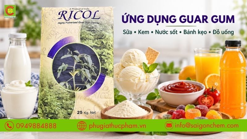 Guar Gum được ứng dụng rộng rãi trong sữa, kem, nước sốt, bánh kẹo và đồ uống.