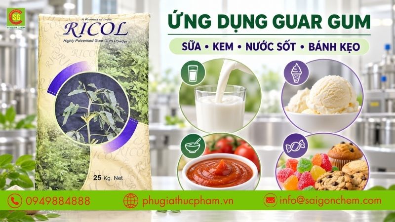 Guar Gum được ứng dụng rộng rãi trong sữa, kem, nước sốt và bánh kẹo.