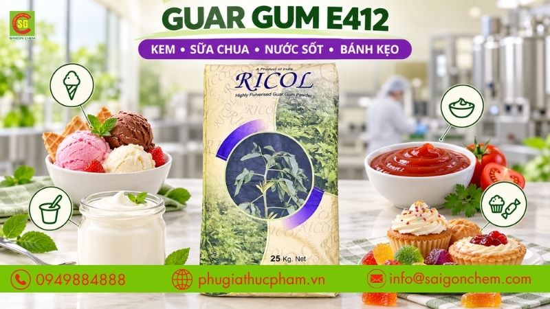 Guar Gum E412 được ứng dụng rộng rãi trong kem, sữa chua, nước sốt và bánh kẹo.