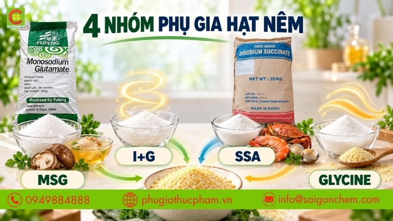 MSG, I+G, SSA và Glycine là các nhóm phụ gia thường dùng trong hạt nêm.