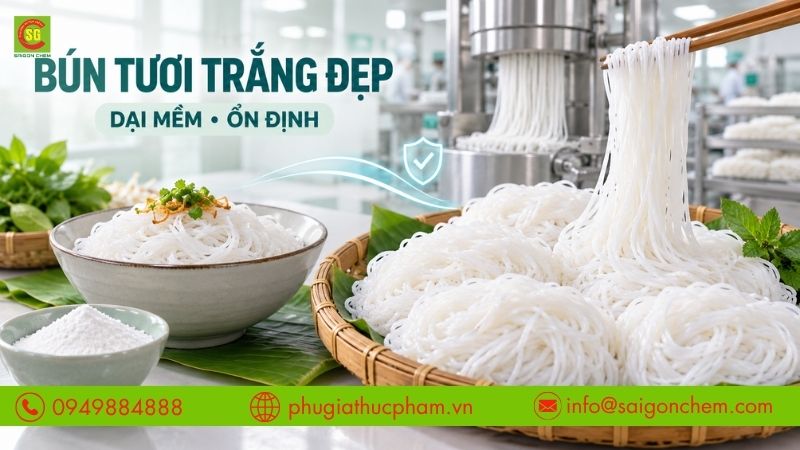 Phụ gia giúp sợi bún tươi trắng đẹp, dai mềm và ổn định hơn.