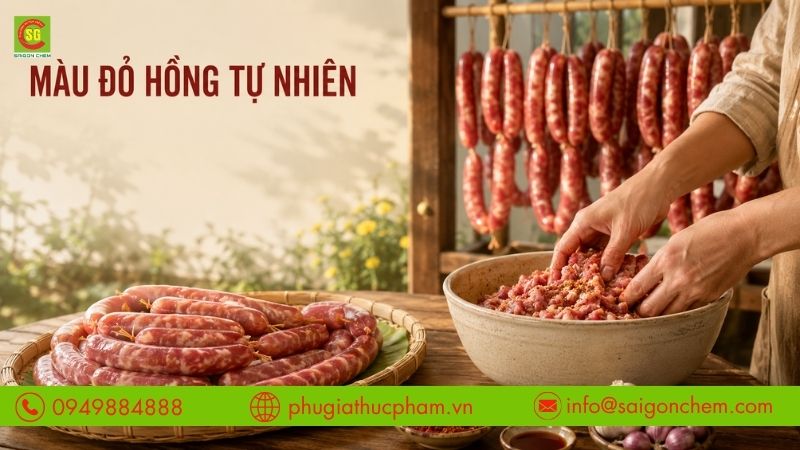 Phương pháp truyền thống giúp lạp xưởng lên màu đỏ hồng tự nhiên.