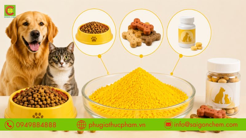 Quinoline Yellow được ứng dụng trong thức ăn, bánh thưởng và vitamin thú cưng.
