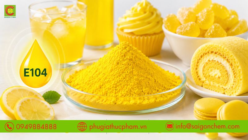 Quinoline Yellow E104 tạo sắc vàng chanh tươi sáng và bền màu.
