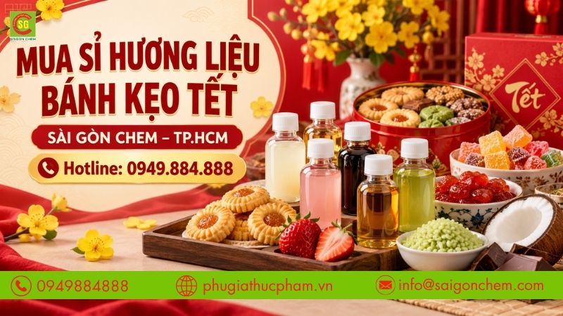 Sài Gòn Chem cung cấp đa dạng hương liệu thực phẩm phục vụ sản xuất bánh kẹo Tết.