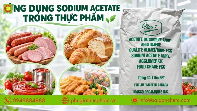Sodium Acetate được ứng dụng trong thịt chế biến, bánh mì, nước sốt, đồ hộp và nhiều sản phẩm thực phẩm khác.