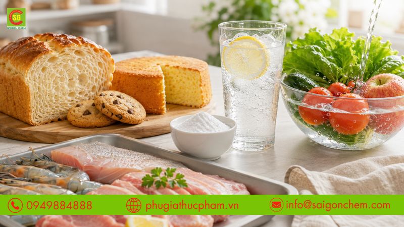 Sodium Bicarbonate E500ii được ứng dụng trong bánh, đồ uống, thịt, hải sản và nhiều thực phẩm khác.