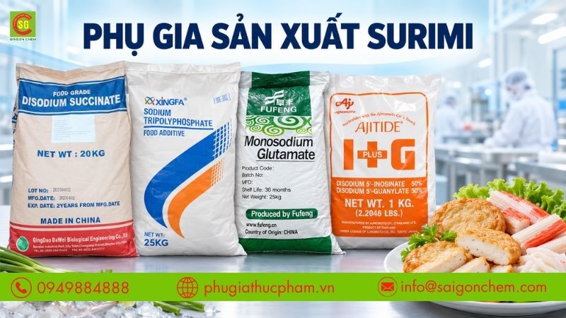 SSA, MSG, I+G và phốt phát là những nhóm phụ gia thường dùng cho surimi.