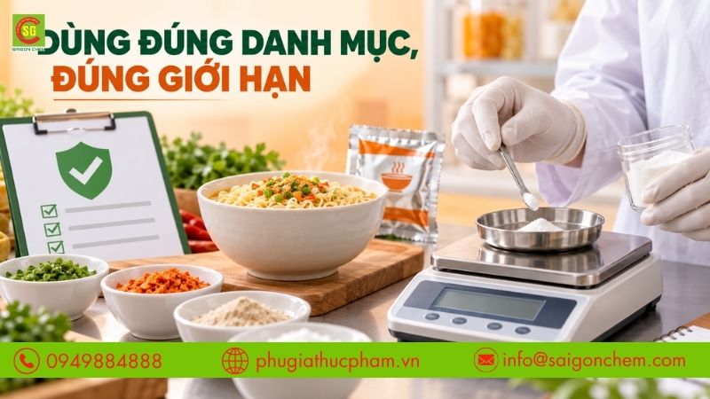 Sử dụng phụ gia đúng danh mục và giới hạn theo quy định.