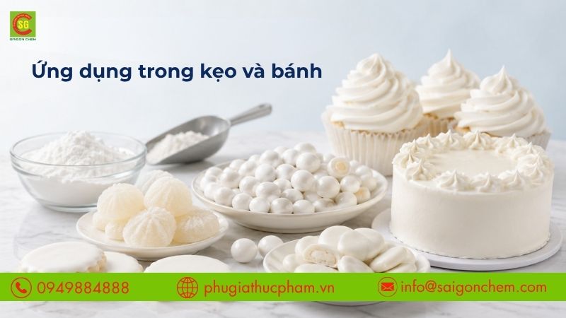 Titan Dioxide giúp tạo lớp phủ trắng sáng, đồng đều cho bánh kẹo và sản phẩm trang trí.