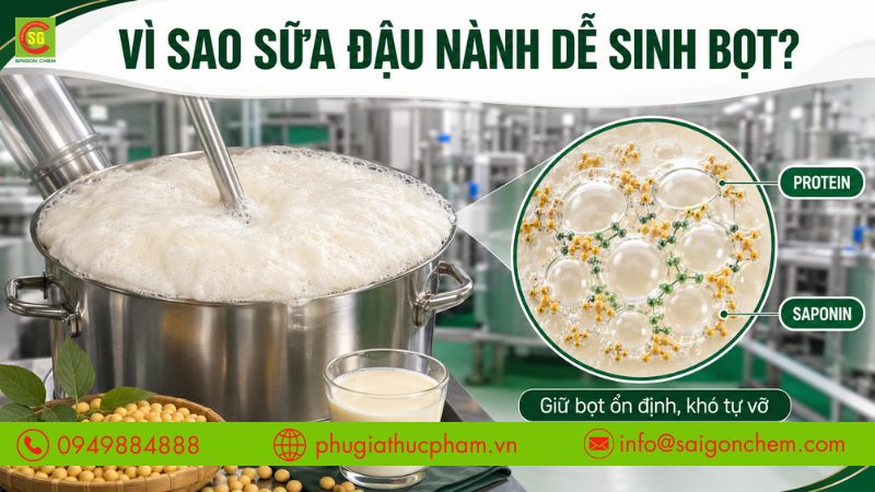 Bọt khí sinh ra khi nấu sữa đậu nành trong sản xuất đậu hũ