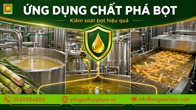 Chất phá bọt được ứng dụng trong sản xuất đường, tinh luyện dầu ăn và chiên rán công nghiệp.
