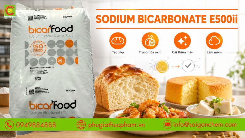Sodium Bicarbonate E500ii giúp tạo xốp, trung hòa axit, cải thiện màu sắc và làm mềm nguyên liệu.