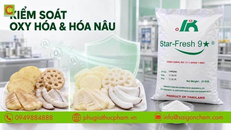 Phụ gia đạt chuẩn hỗ trợ kiểm soát quá trình oxy hóa và hóa nâu thực phẩm.