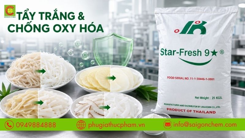 Star Fresh 9 là phụ gia tẩy trắng và chống oxy hóa dùng trong chế biến thực phẩm.