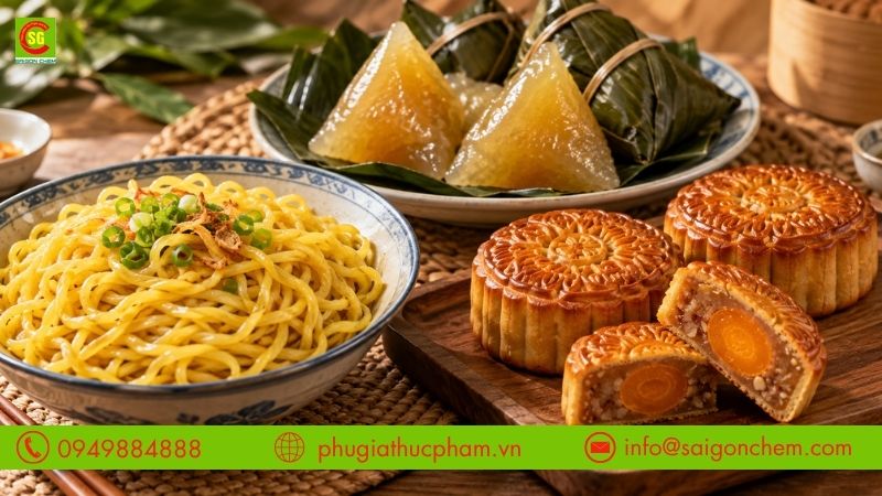 Bánh trung thu nướng vàng đều, bánh ú tro trong dẻo và mì sợi dai vàng nhờ sử dụng dung dịch kiềm trong chế biến