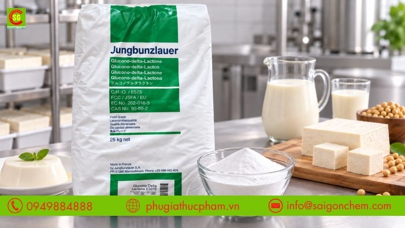 Bột Glucono Delta Lactone E575 màu trắng dùng làm phụ gia trong chế biến thực phẩm