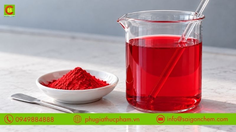Bột màu Amaranth hòa tan trong nước tạo dung dịch màu đỏ đậm đồng đều