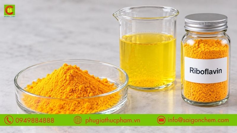 Bột màu vàng Riboflavin dạng tinh thể mịn, có sắc vàng đặc trưng