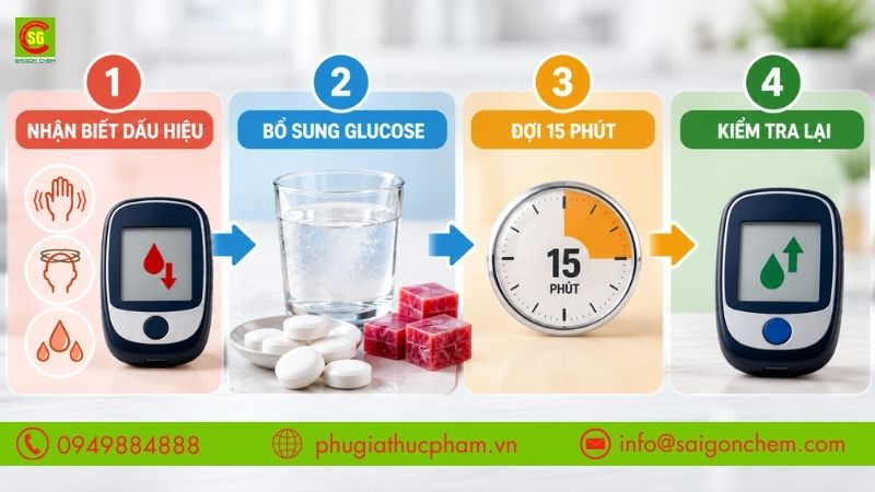 Các bước nhận biết và xử lý hạ đường huyết bằng nguồn glucose hấp thụ nhanh