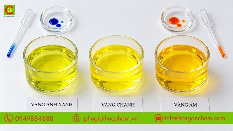 Các mẫu thử phối màu vàng Quinoline Yellow với màu xanh và màu cam để tạo sắc vàng khác nhau