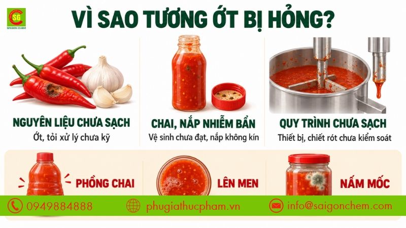 các nguyên nhân chính khiến tương ớt bị phồng chai, lên men và xuất hiện nấm mốc 