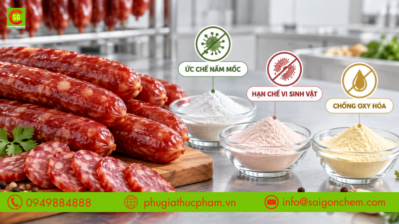 Các nhóm chất bảo quản lạp xưởng giúp hạn chế nấm mốc, vi khuẩn và làm chậm quá trình oxy hóa chất béo