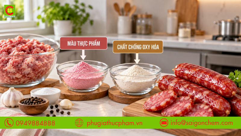 Các nhóm phụ gia làm lạp xưởng lên màu đẹp giúp tạo sắc đỏ hồng và duy trì màu ổn định trong bảo quản