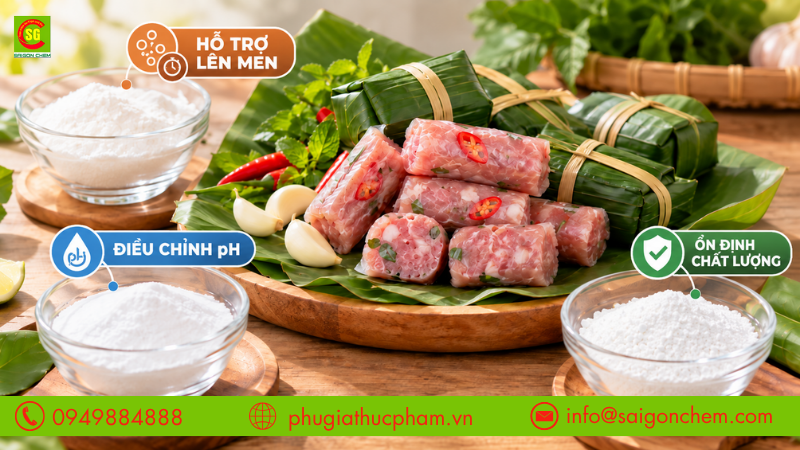Các nhóm phụ gia làm nem chua Tết hỗ trợ lên men, điều chỉnh pH và ổn định chất lượng sản phẩm