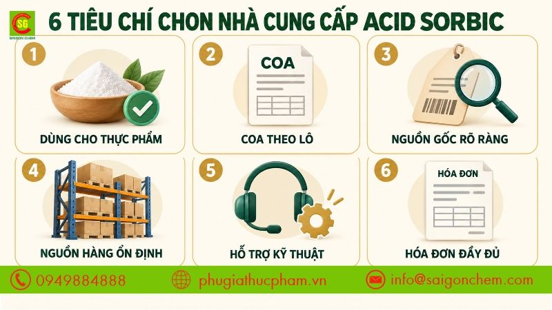Các tiêu chí chọn nhà cung cấp khi mua acid sorbic, từ chất lượng nguyên liệu đến hồ sơ và hỗ trợ kỹ thuật