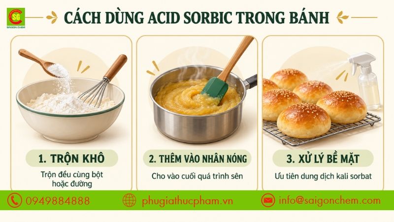 Cách sử dụng acid sorbic trong bánh phù hợp với nguyên liệu và từng công đoạn của quy trình sản xuất.