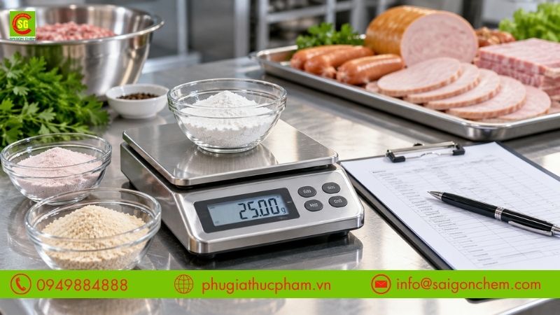 Cân định lượng phụ gia bảo quản thịt bằng cân điện tử và kiểm tra công thức trước khi đưa vào sản xuất