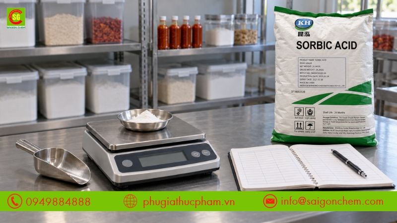Cân đong phụ gia theo từng mẻ, ghi chép lượng dùng và bảo quản nguyên liệu kín để duy trì chất lượng khi sản xuất