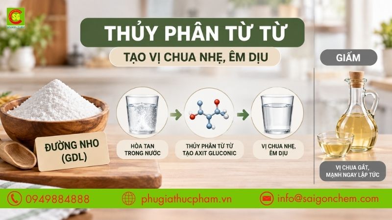 Cơ chế thủy phân từ từ giúp đường nho tạo vị chua nhẹ và êm dịu hơn so với giấm