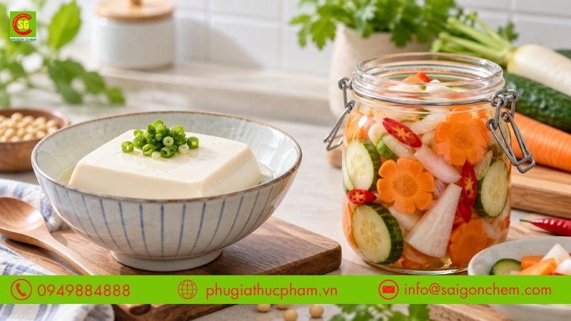 Đậu hũ non mềm mịn làm từ GDL và món rau củ ngâm chua sử dụng giấm