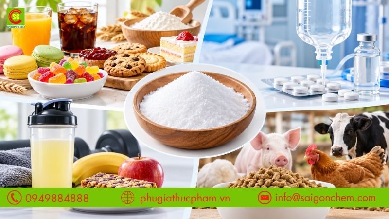 Dextrose được ứng dụng trong thực phẩm, y tế, thể thao và thức ăn chăn nuôi