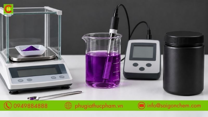 Định lượng màu Tím Violet, kiểm tra pH công thức và bảo quản nguyên liệu trong dụng cụ kín, tránh ánh sáng