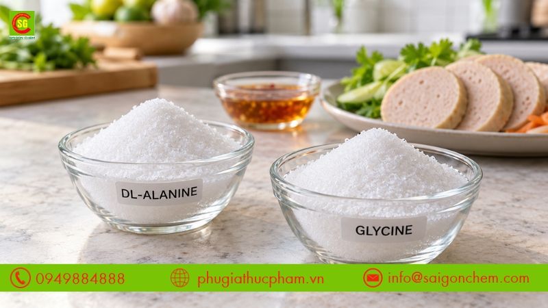 DL-Alanine và Glycine dạng bột tinh thể trắng, có vị ngọt nhẹ và được dùng làm chất điều vị trong chế biến thực phẩm