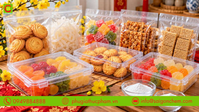 Dùng bao bì kín chống ẩm kết hợp chất bảo quản bánh kẹo Tết giúp kéo dài thời gian lưu kho
