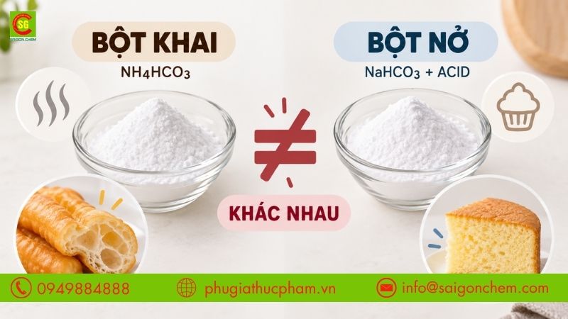 giải đáp bột khai có phải là bột nở không thông qua thành phần hóa học và đặc điểm của hai loại phụ gia